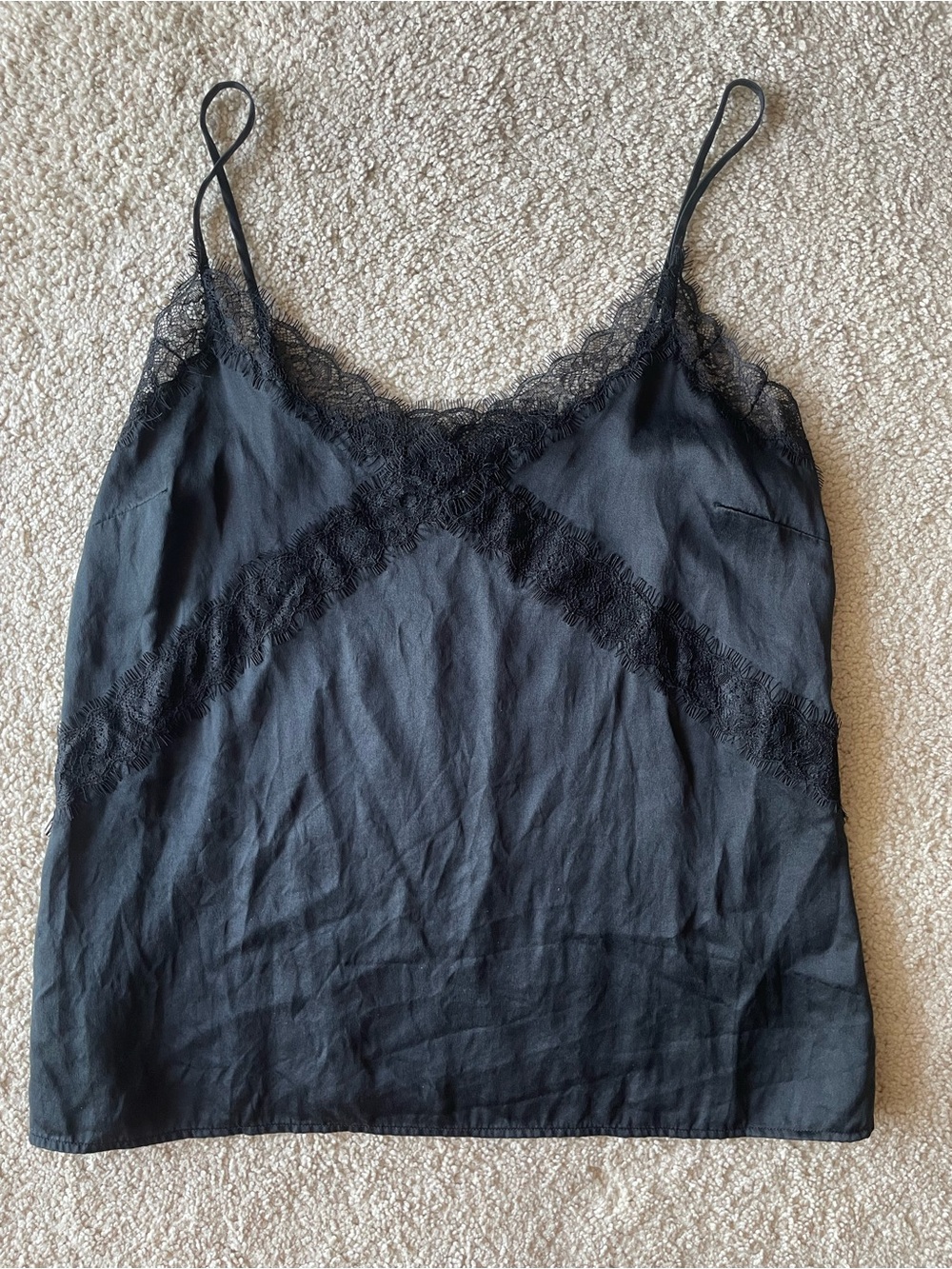 PAIGE Black Lace Trim Camisole Top Women's Size S Satin Flowy Chic Indie Casual